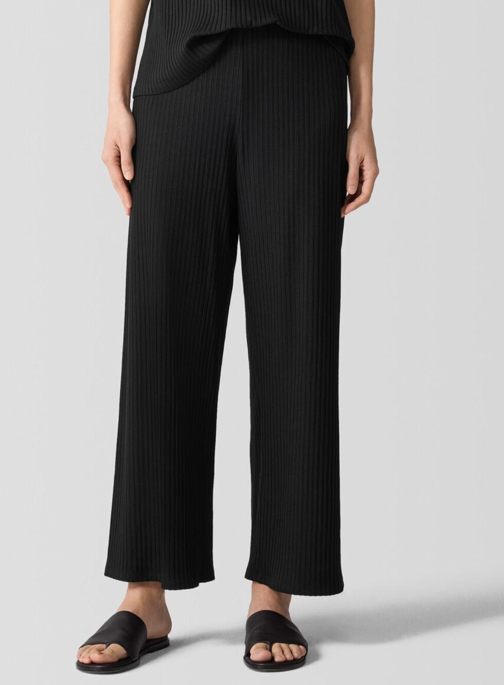 Eileen Fisher Rib Pants Womens XL Black Wide Leg Pull On Lounge Lyocell Textured